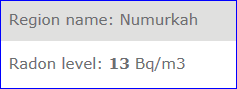 Example pop-up box showing average radon level for area Screenshot: Sample region name with Radion level reading