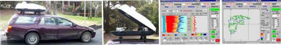 Pictures illustrating the monitoring project Collage showing vehicle with mapping unit attached to the roof; and two computer screenshots of data produced