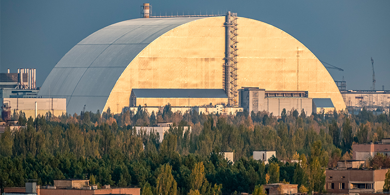 View on the Chernobyl reactor shelter from the roof of a high-rise apartment