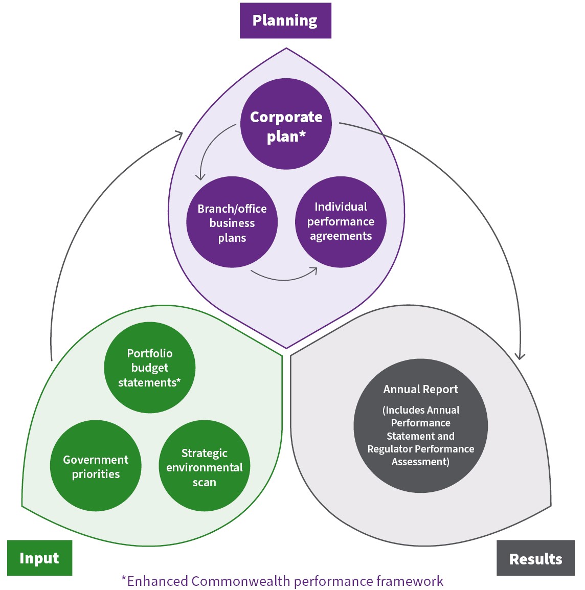 Diagram illustrating the relationship between input, planning and results during the yearly ARPANSA cycle