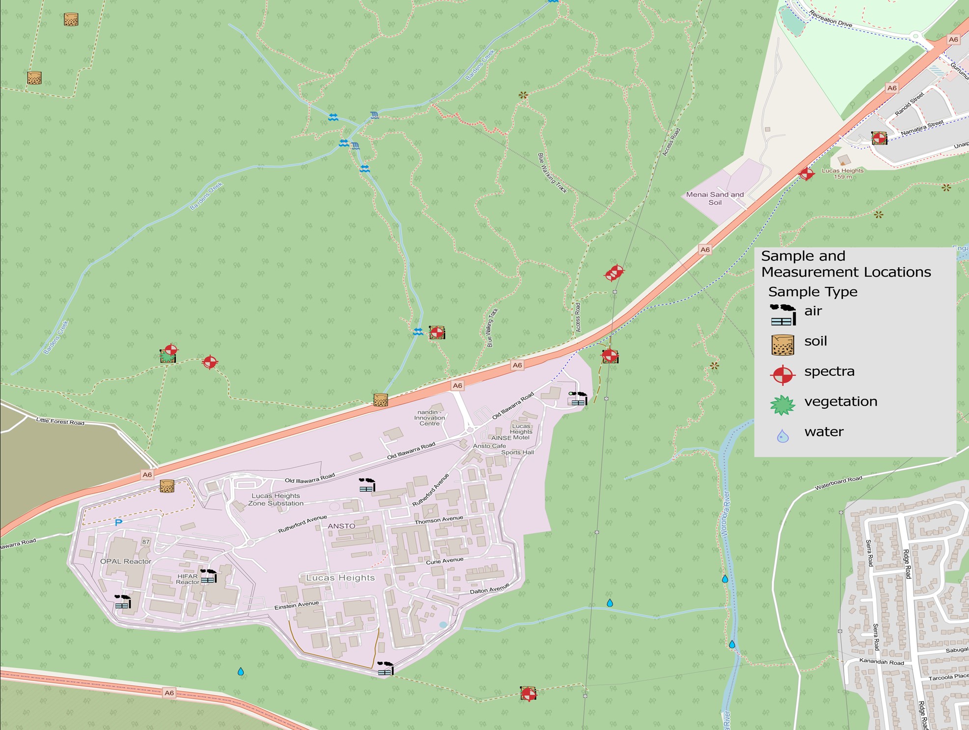 ANSTO site overview – Sampling locations are where ANSTO or ARPANSA have collected samples as part of the verification monitoring program