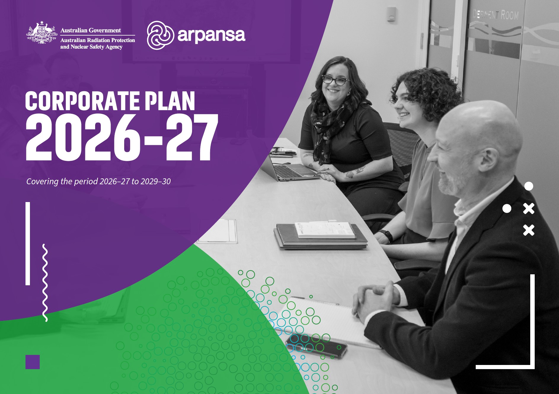Cover of the Corporate Plan 2026-27, featuring three adults in a business setting smiling and sitting around an office table