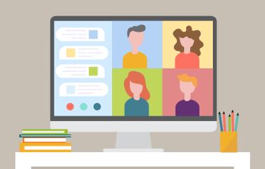 Cartoon computer screen showing an online meeting with chat function