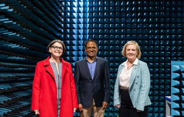 Left to right: Hon Ged Kearney MP with ARPANSA's Don Wijayasinghe and the agency's CEO Dr Gillian Hirth inside the new anechoic chamber