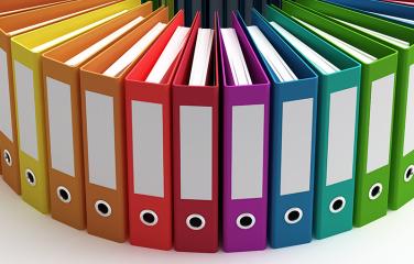 Assorted ring binders laid out in a semi-circle in different colours.