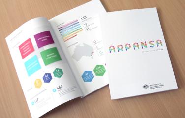 RPANSA’s latest annual report opened and spread out across a wooden table.