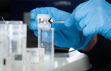 Close up of hands in medical gloves performing intricate work with medical equipment