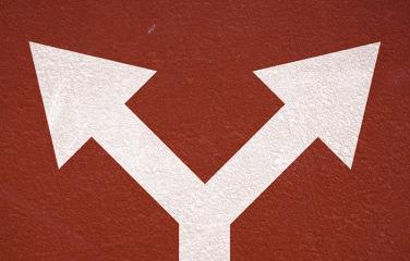Two arrows beginning on the same path and then separating into different directions.