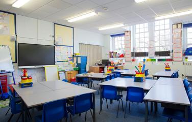An empty primary school classroom with tables, chairs and a television mounted to the wall.