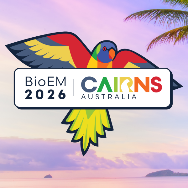 A rainbow lorikeet is behind a white text box that contains the words 'BioEM 2026 Cairns Australia' which is an EME conference being held in Queensland in June
