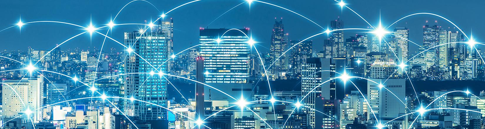 City scape with lines moving between buildings