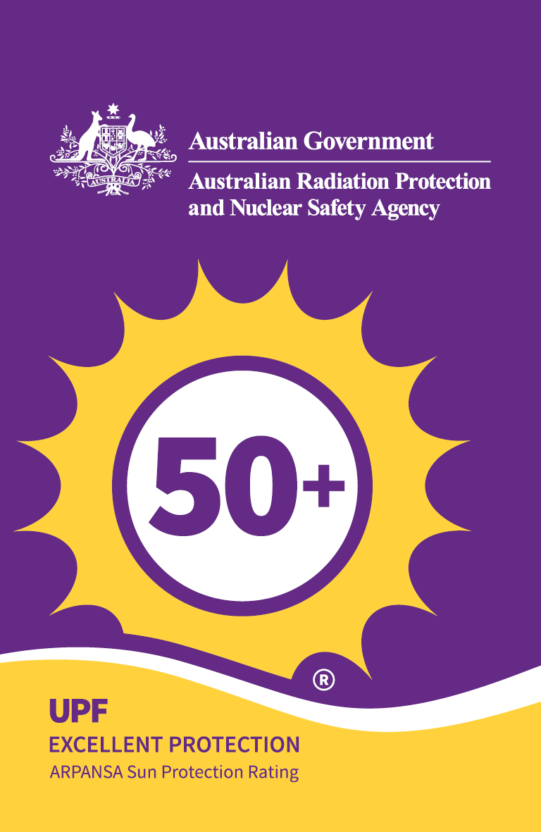 The ARPANSA swing tag: a sun shape with the number 50+ inside the inner circle. Text reads 50+UPF excellent protection