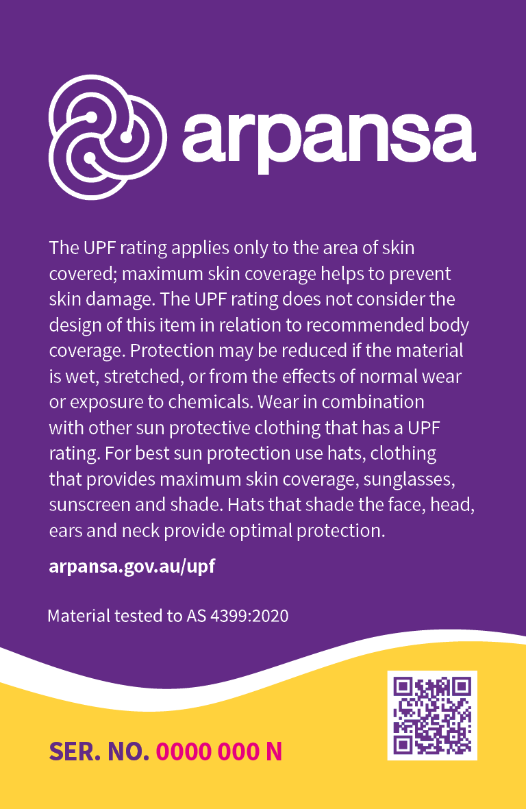 The ARPANSA swing tag: back side showing fine print, serial number and QR code