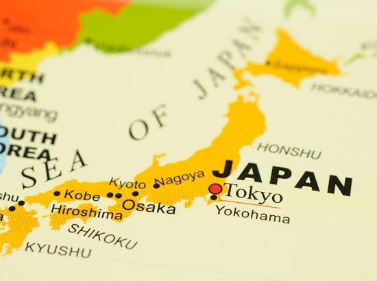 A close-up of Japan on a map