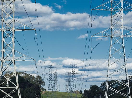 A series of large powerlines cascading into the horizon with large trees and a cloudy sky in the backdrop.